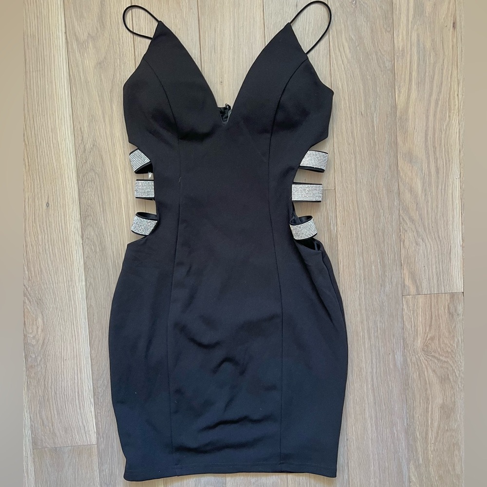 Windsor Mini Bodycon Black Dress with Rhinestone Cut Out Strap